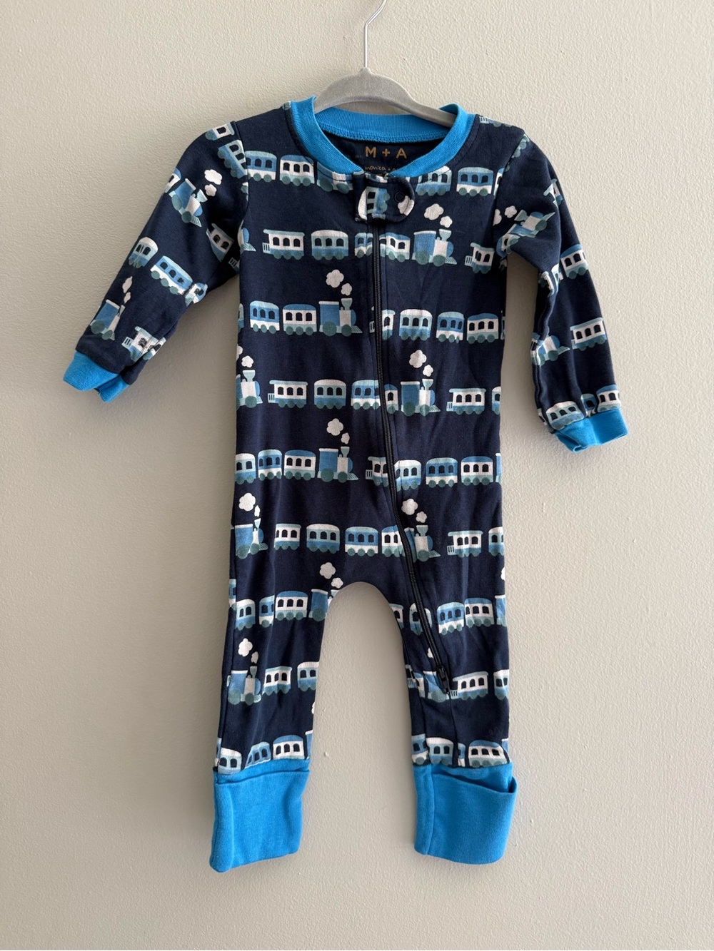 Monica + Andy Navy Baby Boys Blue Train Graphic Zip Sleeper 6-9M